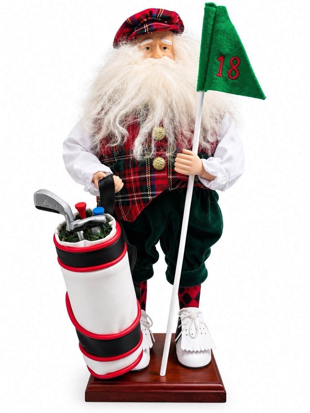 Vintage Santa Golf Golfer Figurine 17” Christmas Decor Golf Bag Wood Base